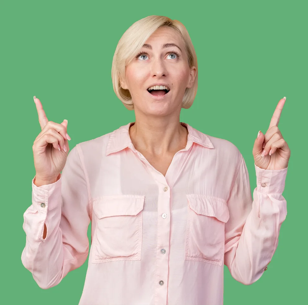 Amazed woman pointing up